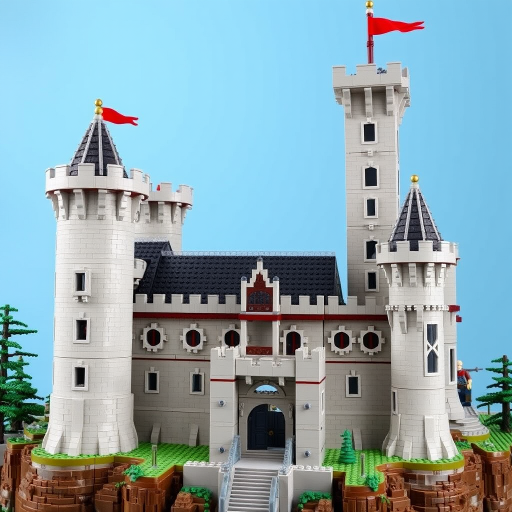 Vaikuttava keskiaikainen linna rakennettu LEGO-palikoista, sisältää torneja, muureja ja yksityiskohtaisia rakennelmia