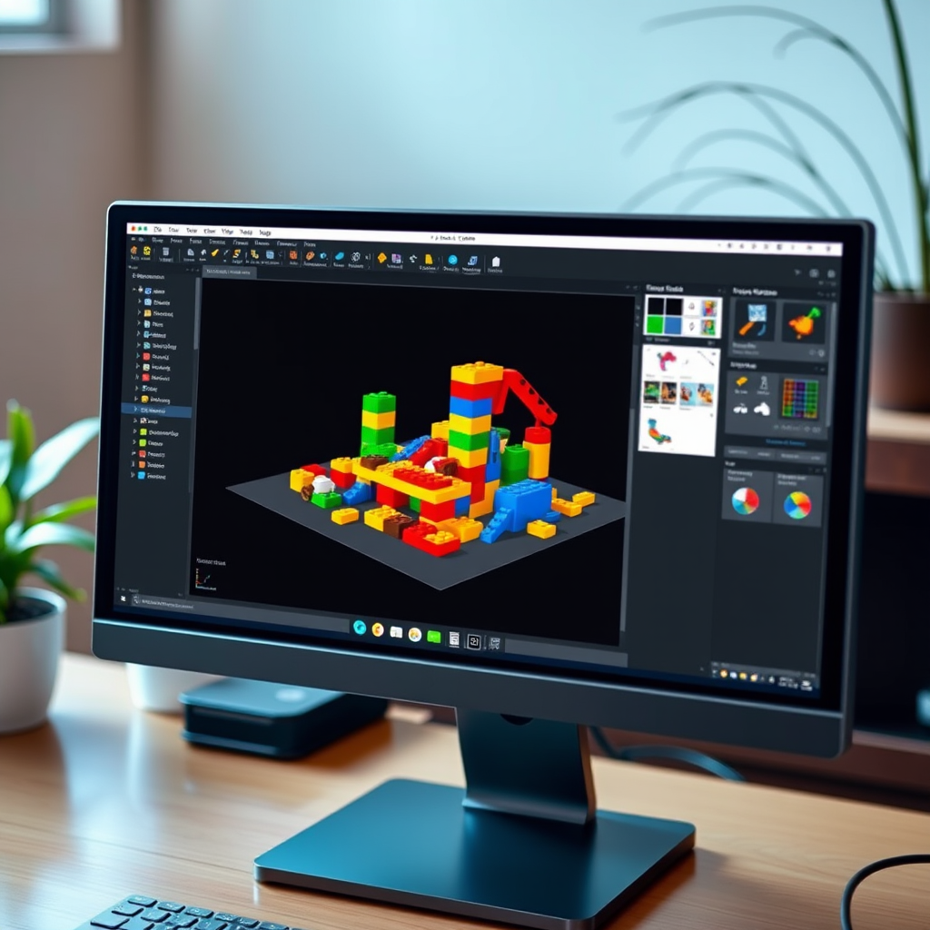 Moderni tietokoneen näyttö, jossa näkyy 3D-suunnitteluohjelmisto avoinna LEGO-rakennelman kanssa. Näytöllä on värikkäitä LEGO-palikoita ja rakennustyökaluja digitaalisessa ympäristössä