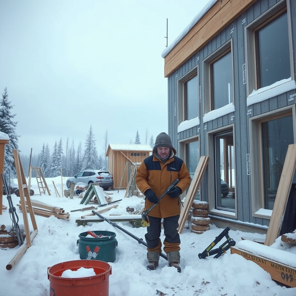 Luminen rakennustyömaa Suomessa, rakentaja työskentelee kylmässä säässä lämpimissä vaatteissa, ympärillä talvisia rakennusmateriaaleja sekä työkaluja