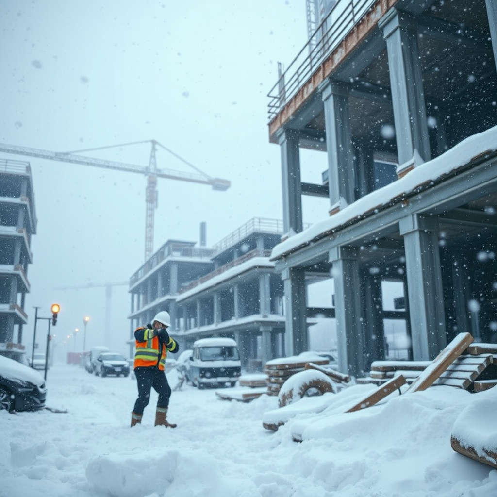 Luminen rakennustyömaa talvella, rakentaja suojavaatteissa työskentelee pakkasen keskellä, lumi kiitää ympärillä