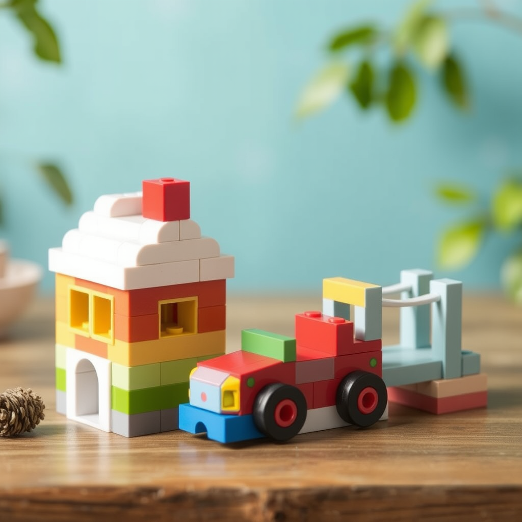 Kolme yksinkertaista rakennusprojektia: pieni talo, auto ja silta, kaikki värikkäistä palikoista rakennettuna