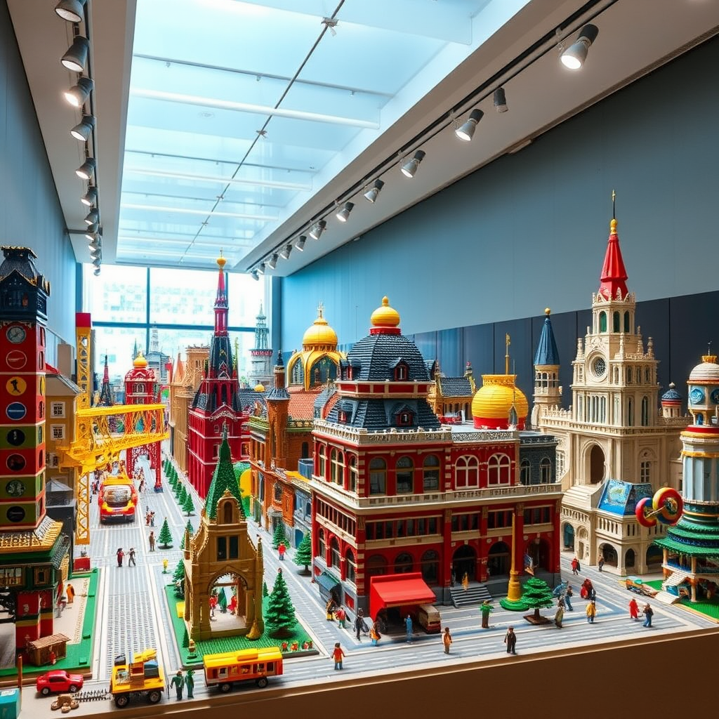 Näyttely upeiden LEGO-rakennelmien kanssa, yhteisön jäsenet esittelevät luovia projektejaan, värikkäitä rakennuksia sekä innovatiivisia ratkaisuja