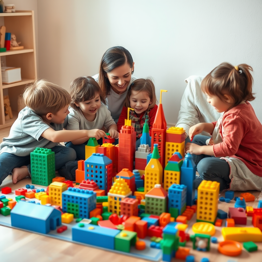 Perhe istuu lattialla rakentamassa suurta kaupunkimaisemaa värikkäistä palikoista, lapset ja vanhemmat työskentelevät yhdessä iloisina