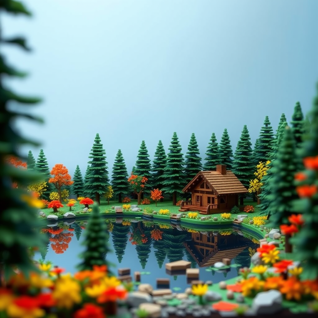 Kaunis suomalainen metsämaisema LEGO-palikoista, sisältää järven, mökin, kuusia ja syksyisiä värejä