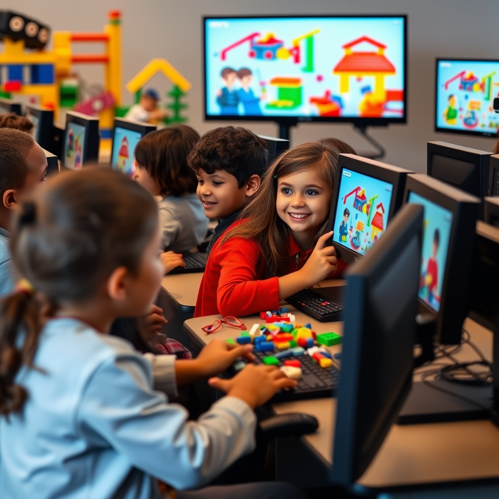 Ryhmä lapsia ja nuoria istuu tietokoneiden ääressä suunnittelemassa LEGO-rakennelmia digitaalisilla työkaluilla. Taustalla näkyy värikkäitä LEGO-rakennelmia ja innostuneita kasvoja näyttöjen ääressä