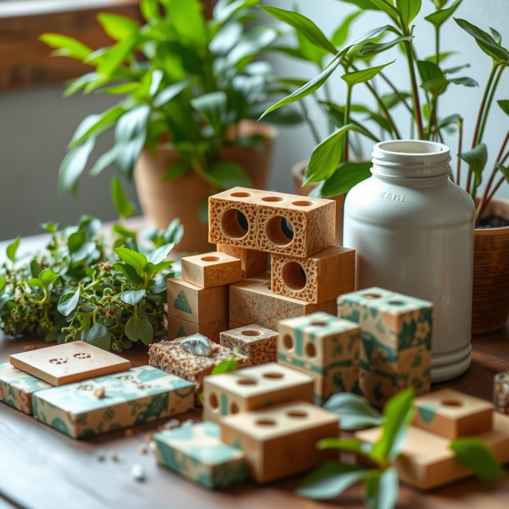 Ympäristöystävällisiä rakennusmateriaaleja pöydällä, kierrätettyjä palikoita, vihreät kasvit taustalla symboloimassa kestävyyttä