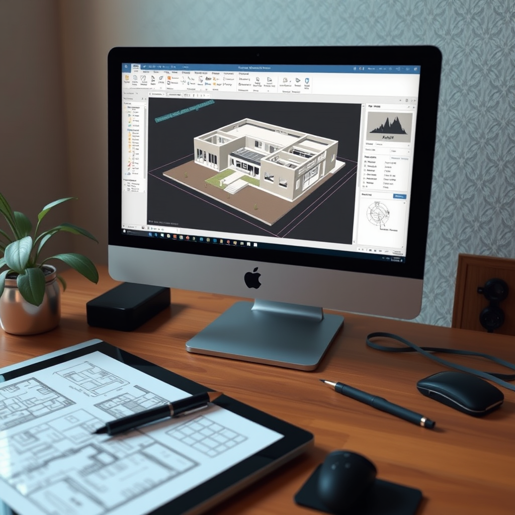 Tietokoneen näyttö näyttää 3D-suunnitteluohjelmaa, rakennussuunnitelmia ruudulla, tabletti ja piirustustyökaluja pöydällä